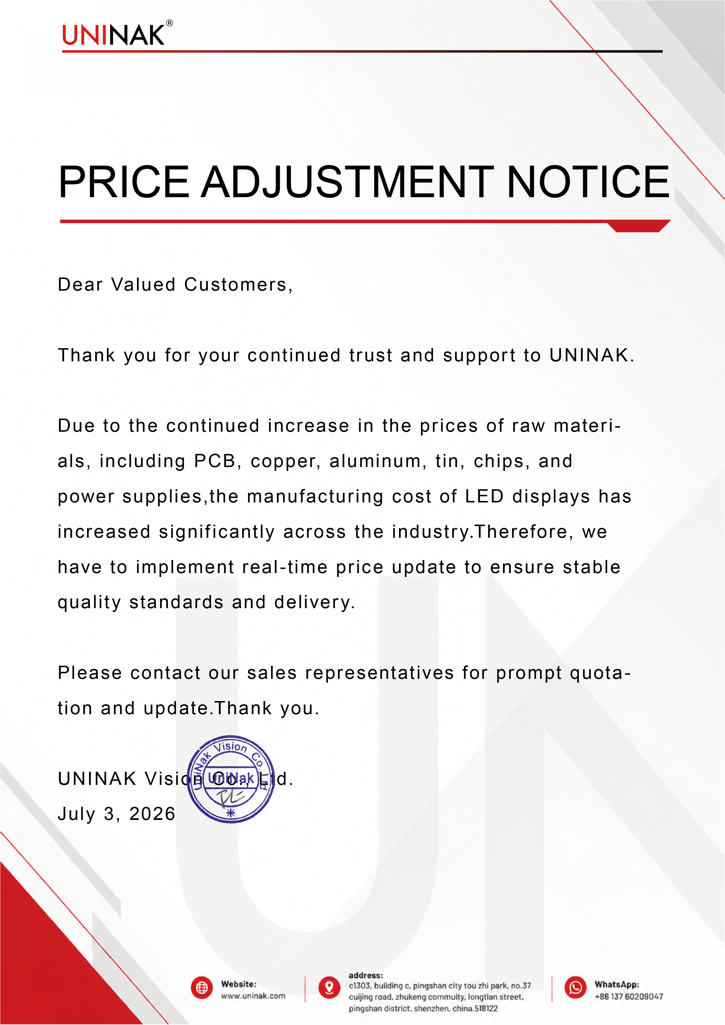  - PRICE ADJUSTMENT NOTICE - 1